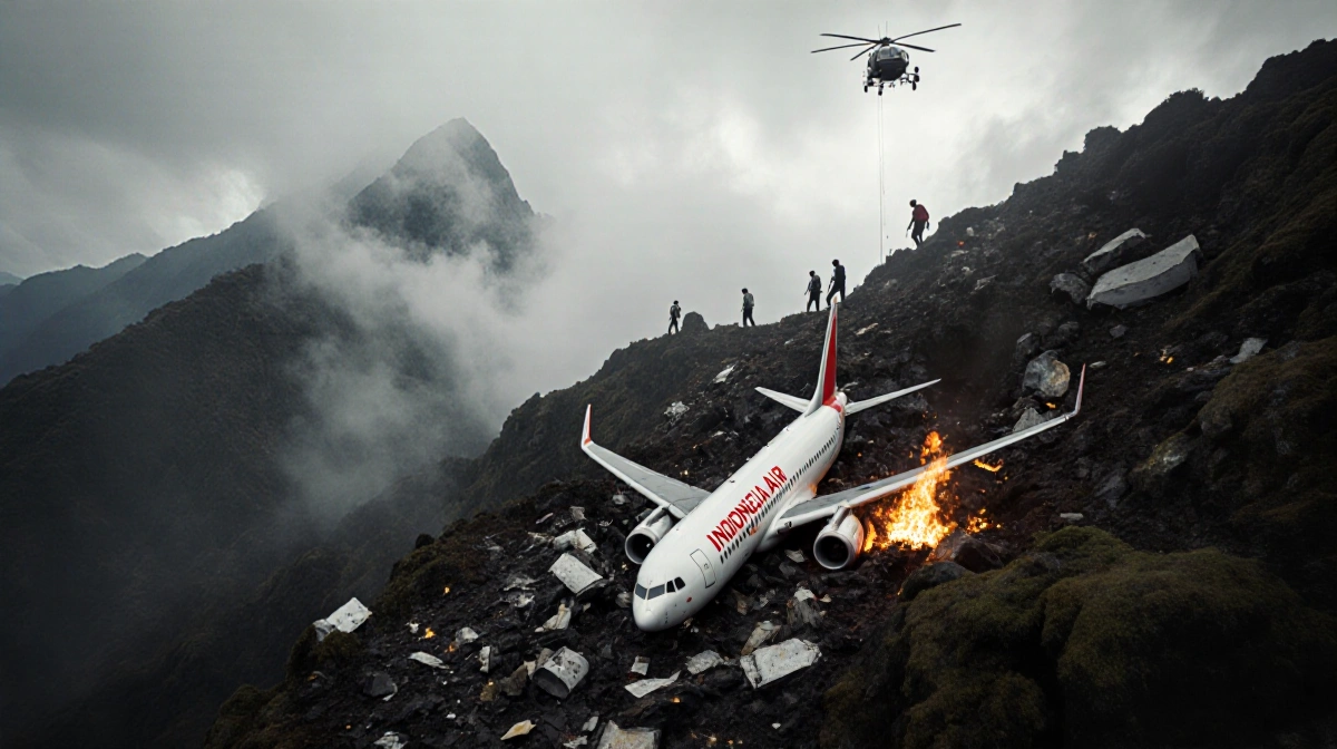 Rescue helicopters hover above Mount Bulusaraung crash site with burning wreckage and scattered debris