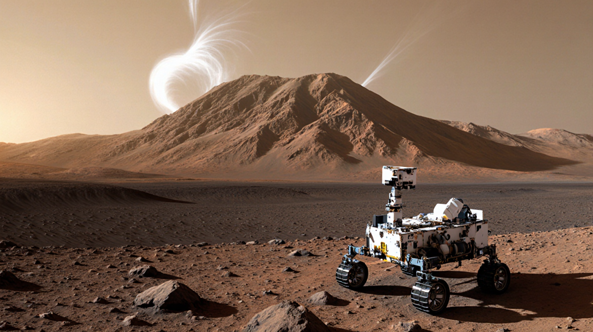 Curiosity rover captures Mount Sharp on Mars with golden light and dust devils at sunrise