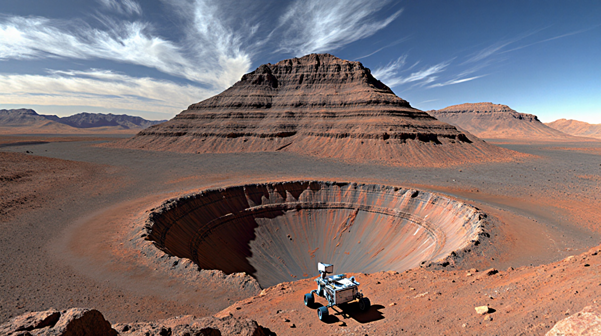 Mount Sharp dominates the view with layered rock formations and the Curiosity Rover near its base under a blue Mars sky