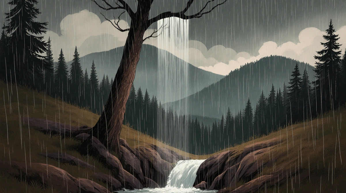 Rain pours down forming a miniature waterfall at a tree trunk with misty mountains and dense forest.
