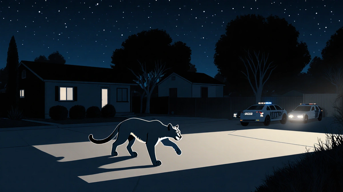 Mountain lion cub emerging from darkness into backyard with police cars and house silhouette behind