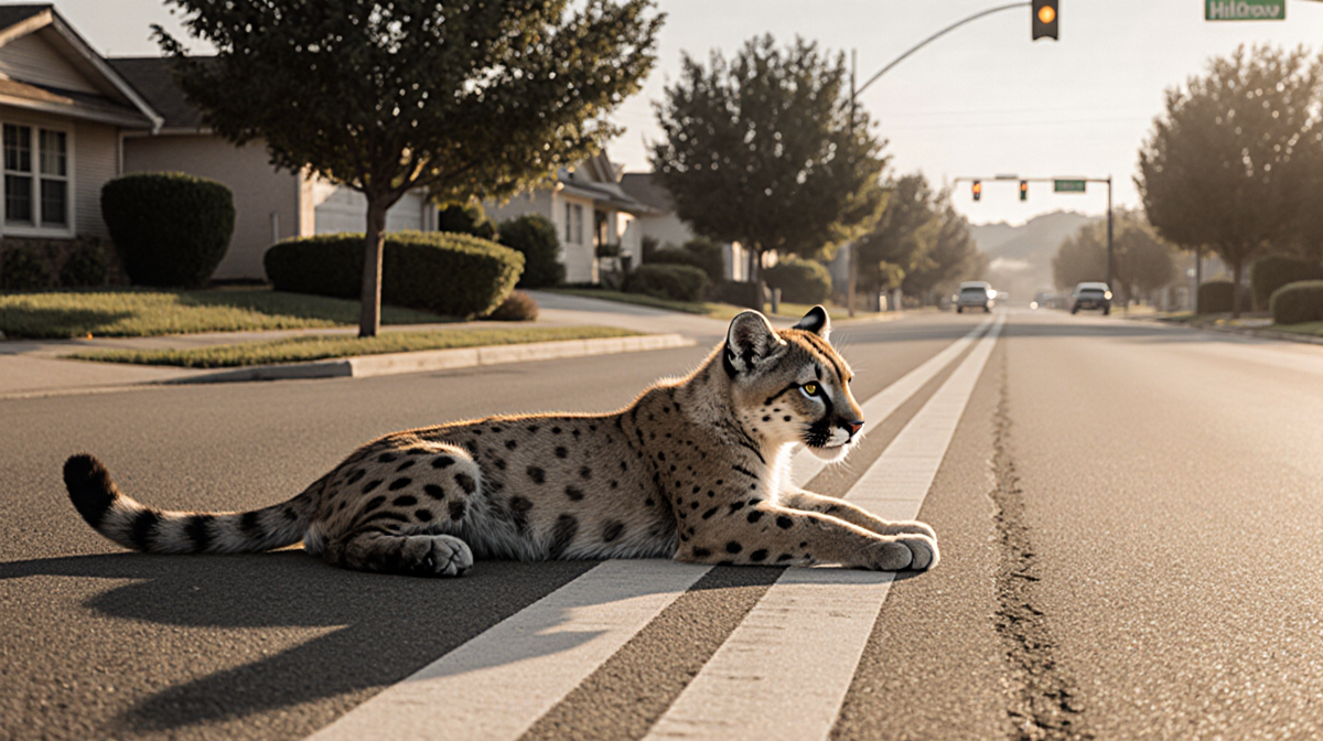 Mountain lion cub lying poised to dart into backyard with warm sunlight on Hillcrest Parkway street and subtle trees behind.