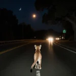 Mountain lion cub standing on Hillcrest Parkway with moonlight filtering through oak trees and streetlights glowing