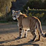 Mountain lion standing on forest clearing edge with golden hour light and distant vine-covered fence