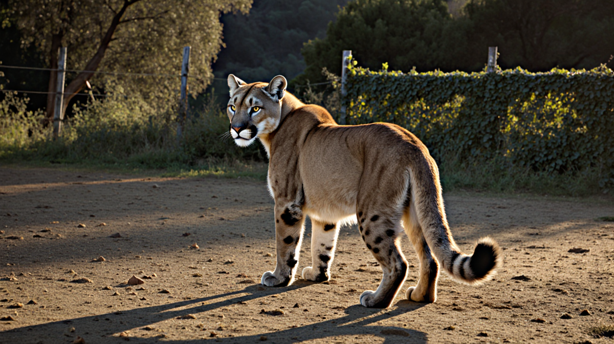 Mountain lion standing on forest clearing edge with golden hour light and distant vine-covered fence