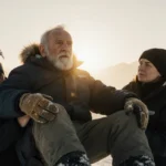 Rescue workers lift elderly man from snowy mountain slope with sunrise glowing behind tree