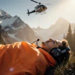 Helicopter hovering over injured climber wrapped in orange emergency blanket with snow-capped mountain peaks in background