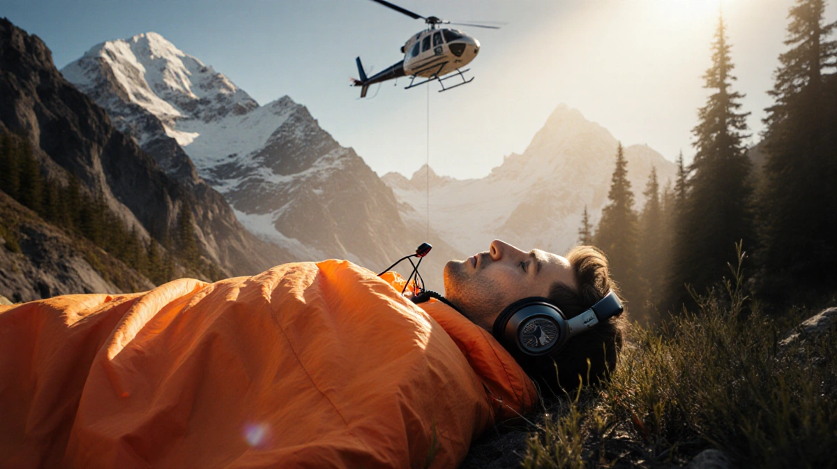 Helicopter hovering over injured climber wrapped in orange emergency blanket with snow-capped mountain peaks in background