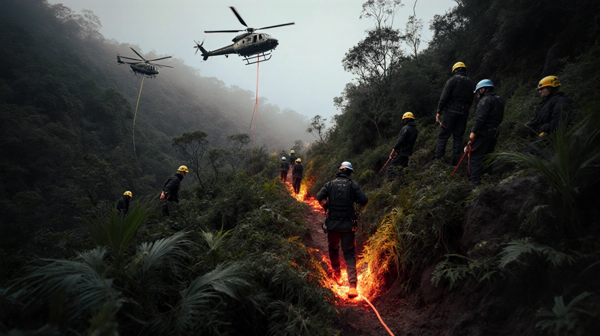 Rescue team clearing mountain trail with machetes and ropes while helicopter hovers above and thermal drone scans forest belo
