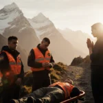 Rescue team stands around stretcher with orange vests and misty mountain peaks at dawn