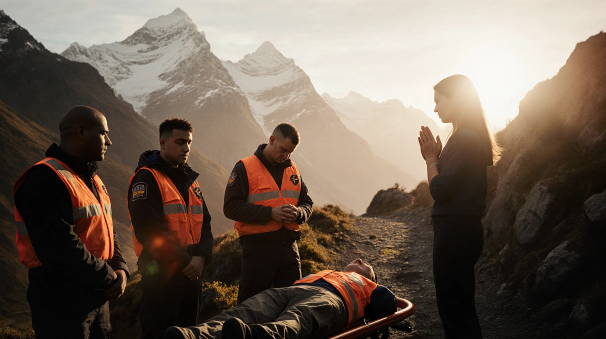 Rescue team stands around stretcher with orange vests and misty mountain peaks at dawn