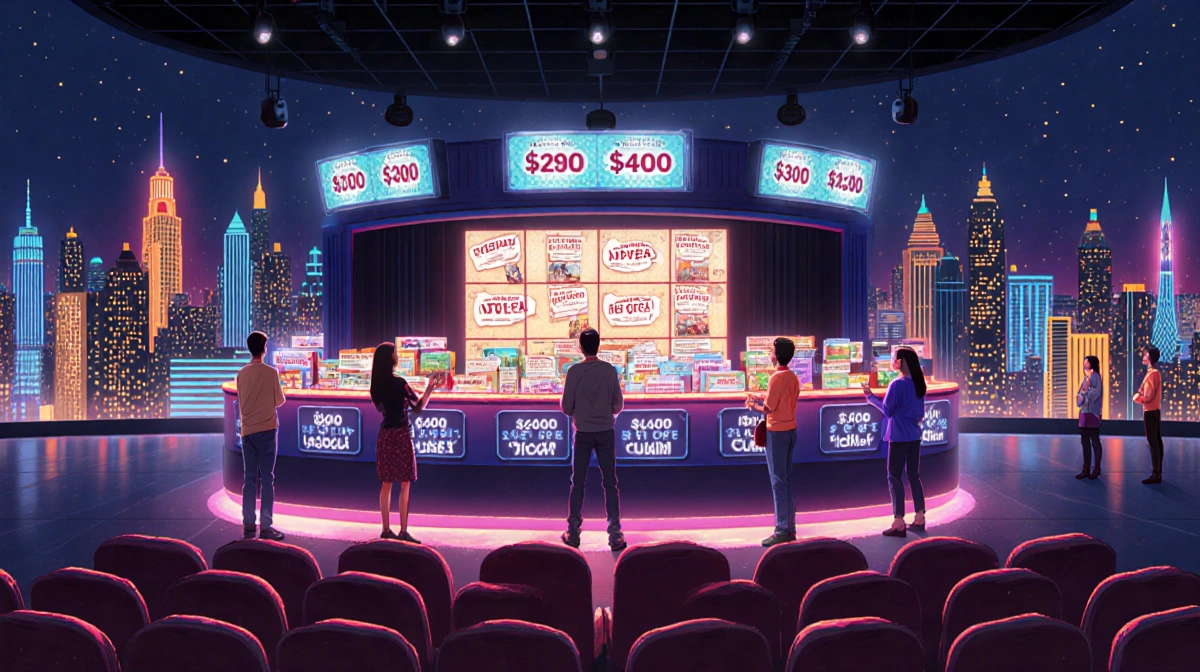 Box office counter displays expensive tickets with glowing neon cityscape behind