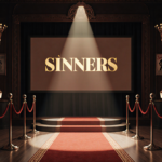 Spotlight illuminates a red carpet in a dim at dusk movie theater lobby with golden title Sinners and vintage film posters an