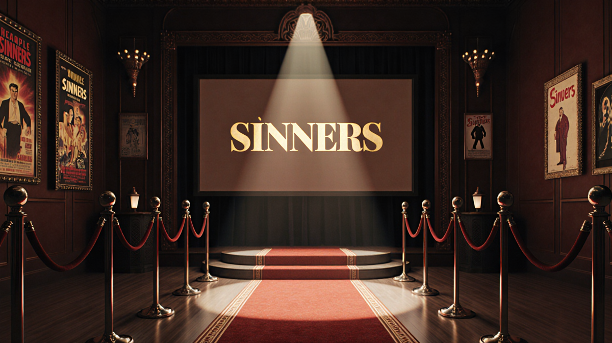 Spotlight illuminates a red carpet in a dim at dusk movie theater lobby with golden title Sinners and vintage film posters an