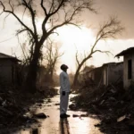 Person stands in flood-damaged Mozambican village with uprooted trees and debris showing climate disaster impact