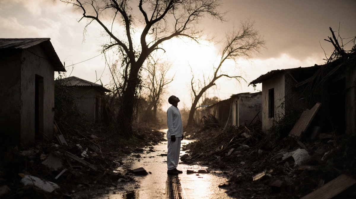 Person stands in flood-damaged Mozambican village with uprooted trees and debris showing climate disaster impact