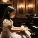 Child Mozart enthusiast plays a brief melody on a piano with excitement and Pasadena Playhouse theater details behind.