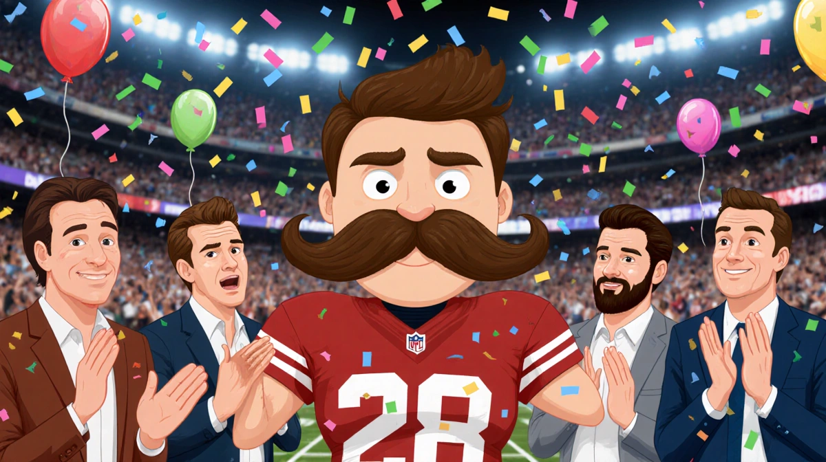 Mr. P's mustache being saluted by celebrities with confetti and balloons at Super Bowl arena
