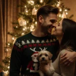 MrBeast smiles with his fiancée and puppy under glowing Christmas tree lights showing festive holiday joy