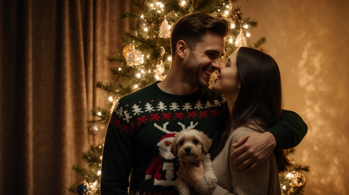 MrBeast smiles with his fiancée and puppy under glowing Christmas tree lights showing festive holiday joy