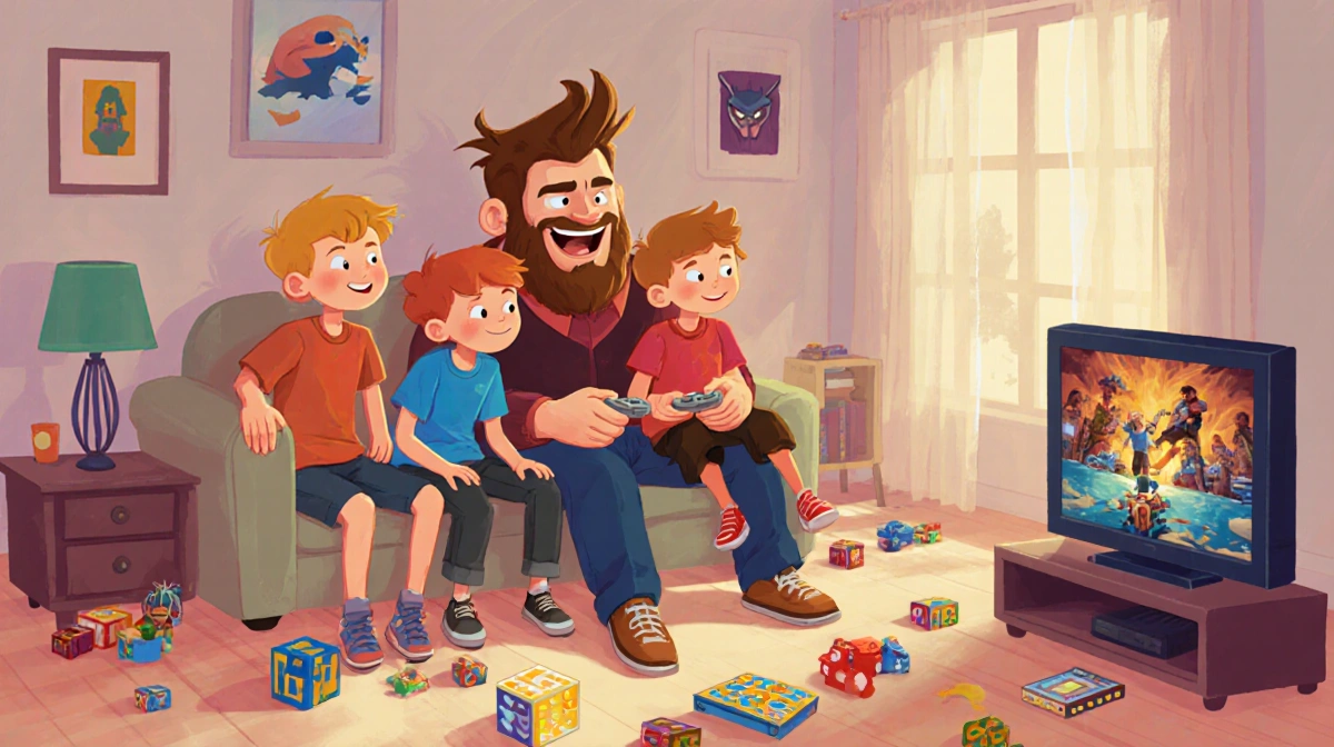 Father laughing with kids on couch while watching family-friendly shows with toys scattered on clean living room floor