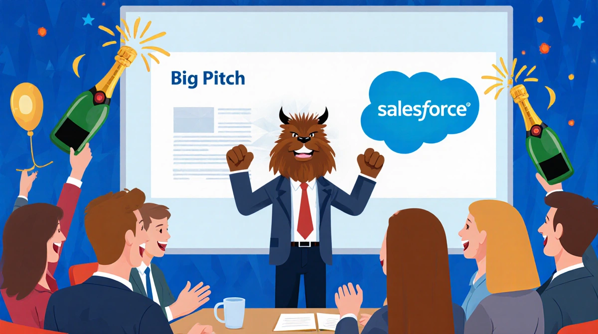 MrBeast presenting confidently to Salesforce executives with presentation screen showing pitch slides and champagne bottle ce