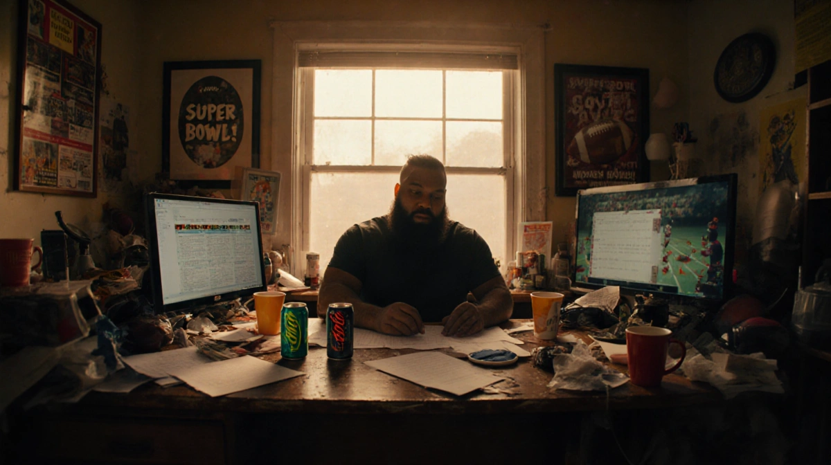 MrBeast reviews Super Bowl commercial scripts at cluttered desk with coffee cups and energy drink cans scattered around