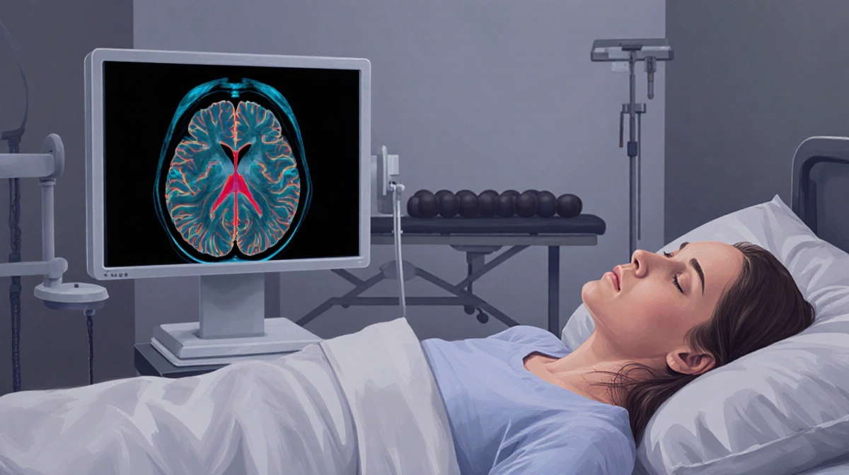 Woman resting in bed with brain scan on computer screen and medical equipment nearby