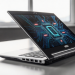 MSI Panther Lake laptop glowing with natural light on minimalist desk with subtle circuit patterns