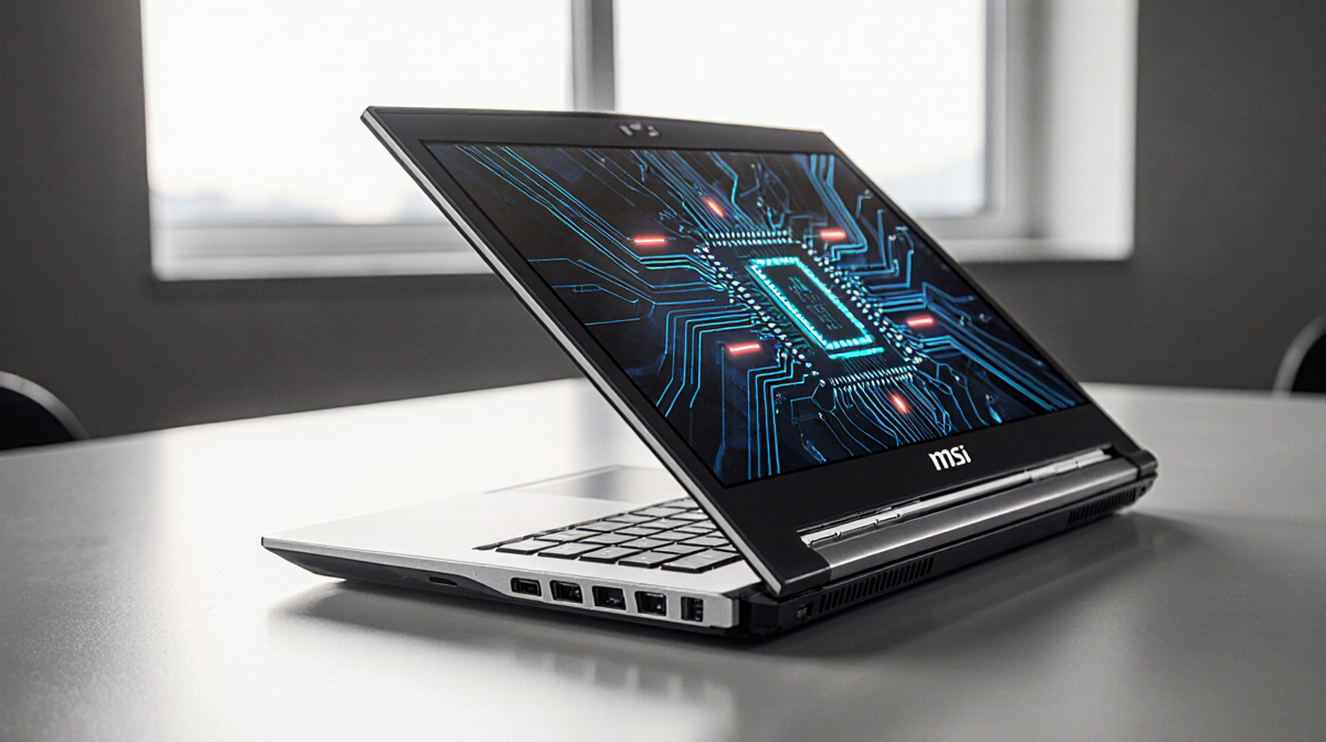 MSI Panther Lake laptop glowing with natural light on minimalist desk with subtle circuit patterns