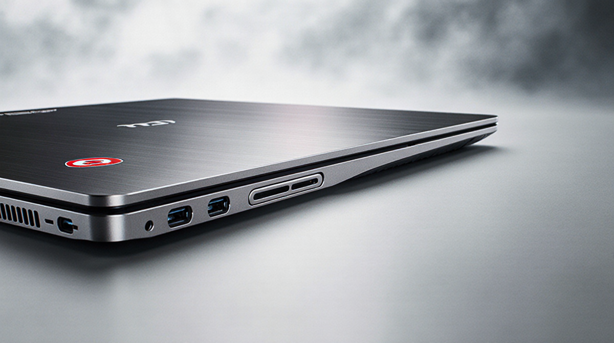 MSI Prestige laptop underside revealing a discreet Nano Pen slot with sleek aluminum curves and subtle gradient light