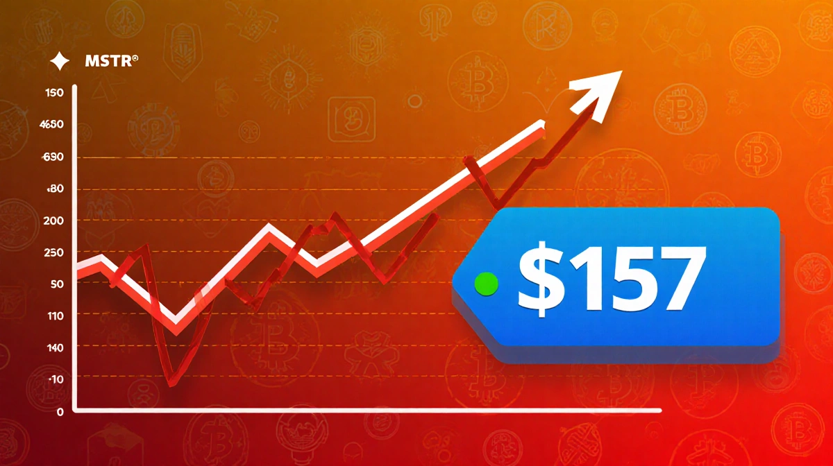 MSTR stock chart plummeting with red dashed line showing 65% decline from $450 peak and current price at $157