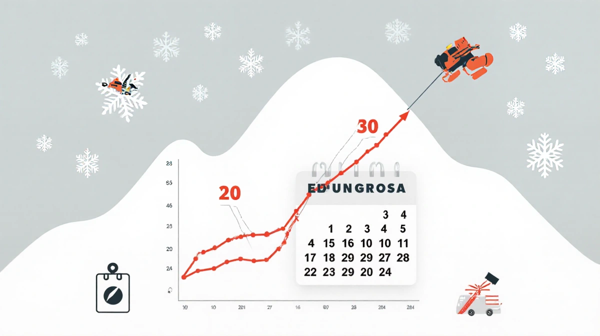 Line graph climbing steeply with January spike and winter snowflakes showing Mt. Baldy rescue statistics