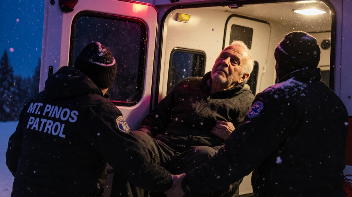 Elderly man being lifted into ambulance by Mt. Pinos Nordic Ski Patrol with snowflakes falling and twilight sky showing relie