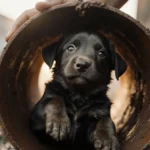 Gentle hands lift muddy puppy from rusty drainage pipe with sunlight casting warm glow on rescue scene