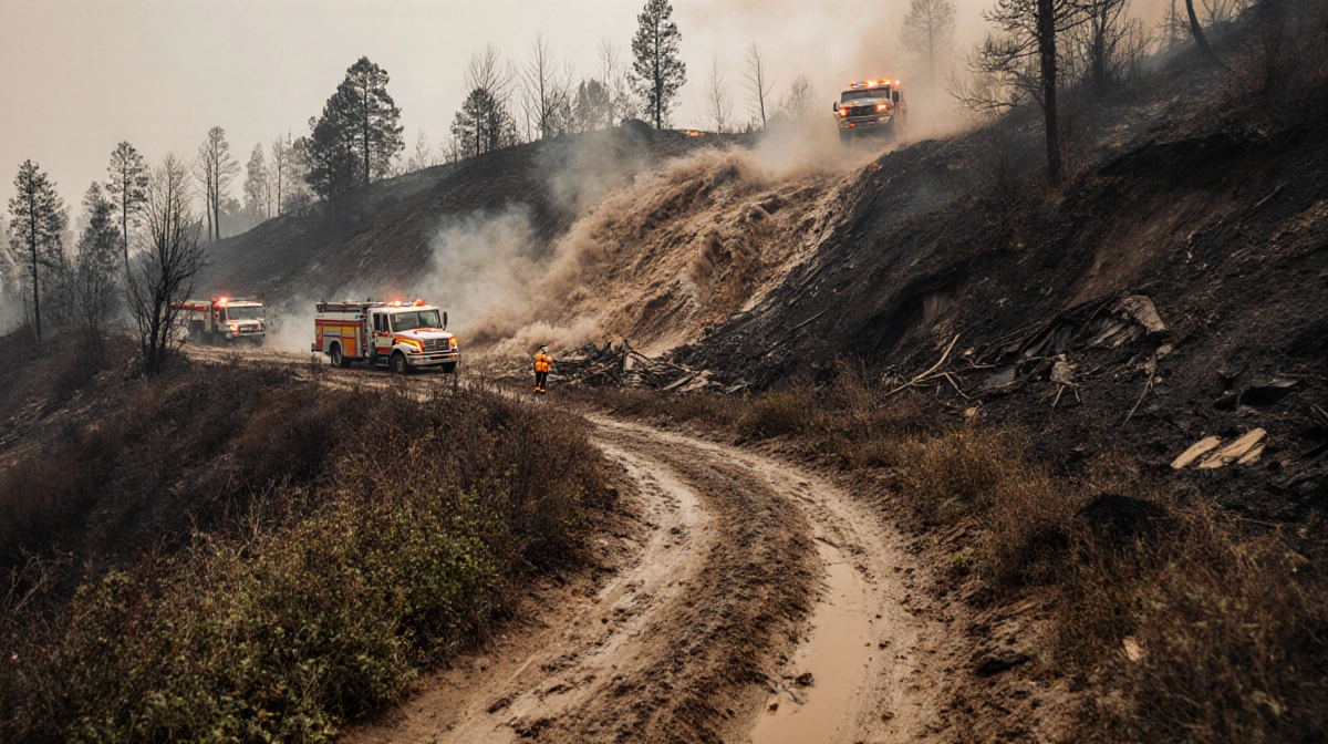 Path winding through mudflow overgrown with vegetation and fire trucks in the distance.