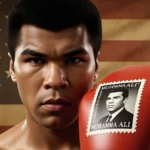 Muhammad Ali stands with raised boxing glove showing a U.S. postage stamp against vintage American flag with warm golden ligh