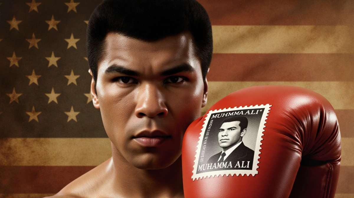 Muhammad Ali stands with raised boxing glove showing a U.S. postage stamp against vintage American flag with warm golden ligh
