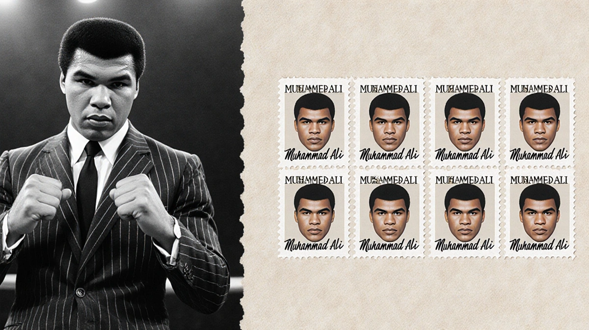 Muhammad Ali boxing stamp sheet with portrait of Ali in suit showing humanitarian legacy