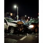 Cars twisted into wreckage with shattered headlights and scattered debris at night under a streetlight.