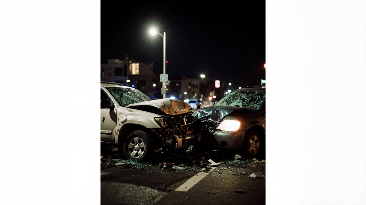 Cars twisted into wreckage with shattered headlights and scattered debris at night under a streetlight.