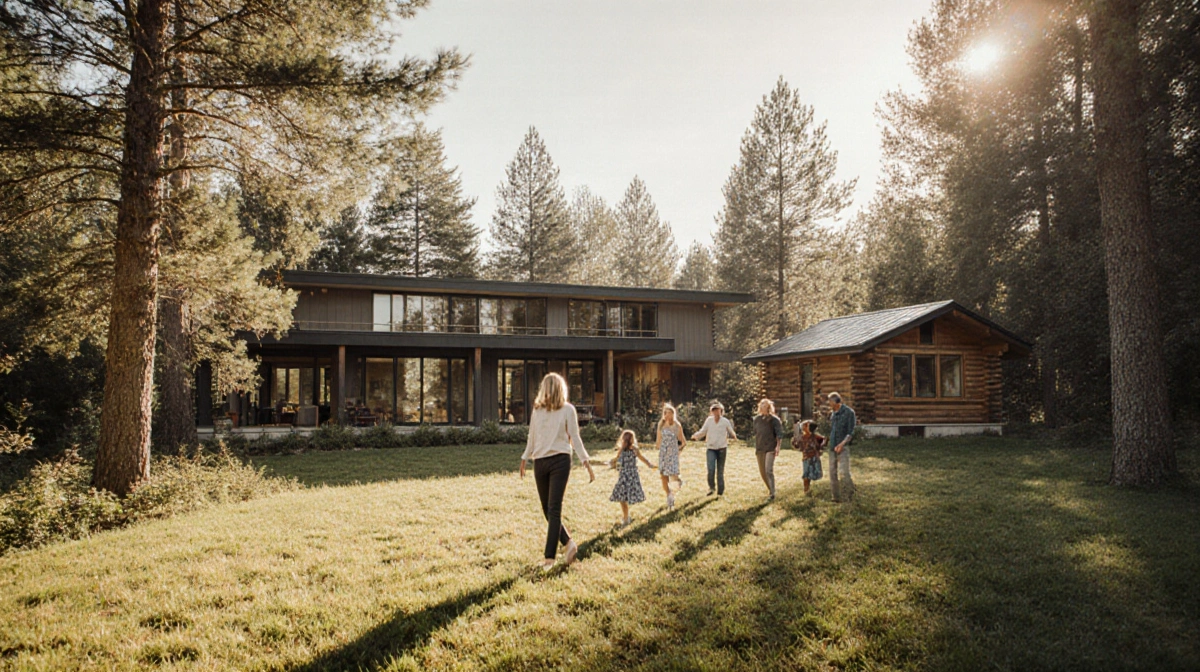 Woman in her 40s stands with multigenerational family outside modern home and rustic cabin surrounded by lush trees