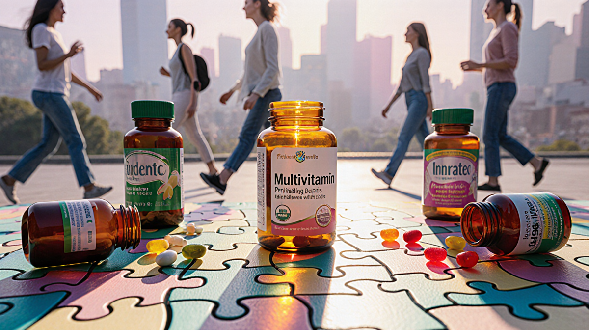 Open multivitamin bottle filling puzzle gaps with drops of liquid near a mosaic of supplements