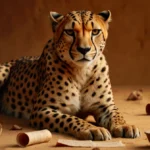 Mummified cheetah lies with ancient papyrus scrolls and golden artifacts showing decayed orange fur