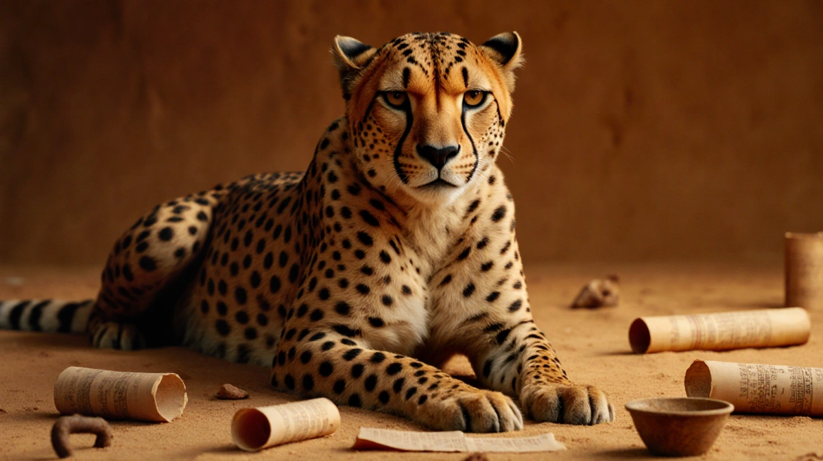 Mummified cheetah lies with ancient papyrus scrolls and golden artifacts showing decayed orange fur