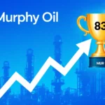 Murphy Oil stock chart rising with golden strength rating at 83 and MUR ticker above blue background