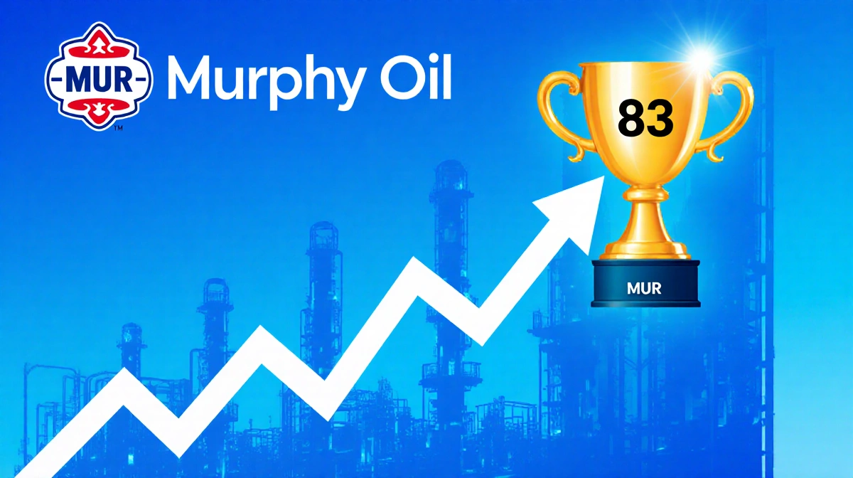 Murphy Oil stock chart rising with golden strength rating at 83 and MUR ticker above blue background