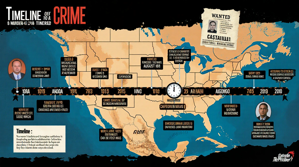 Fragmented timeline showing key dates with Arizona Mexico border map and wanted poster for Castillo