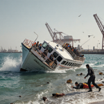 Capsized tour boat lying upside down in turquoise waters with rescue teams rushing to shore near Muscat coast