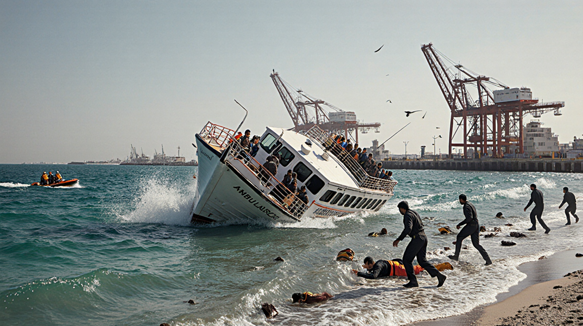 Capsized tour boat lying upside down in turquoise waters with rescue teams rushing to shore near Muscat coast